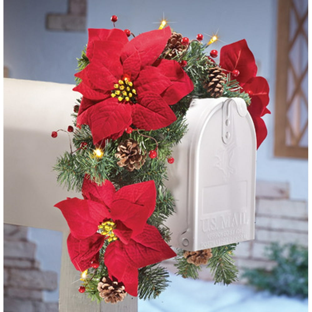 Solar Poinsettia Swag Holiday Mailbox Decoration