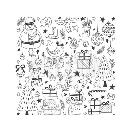 Royalty Free Vector Clipart (Vector Set of Hand Drawn Outline Christmas Illustrations. Clipart Collection with Santa Claus, Chri Print Wall Art By)