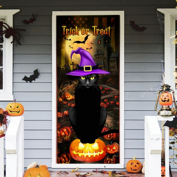 Black Cat Pumpkin Trick Or Treat Halloween Door Cover, Halloween Decorations, QNN298D - 36" x 80"