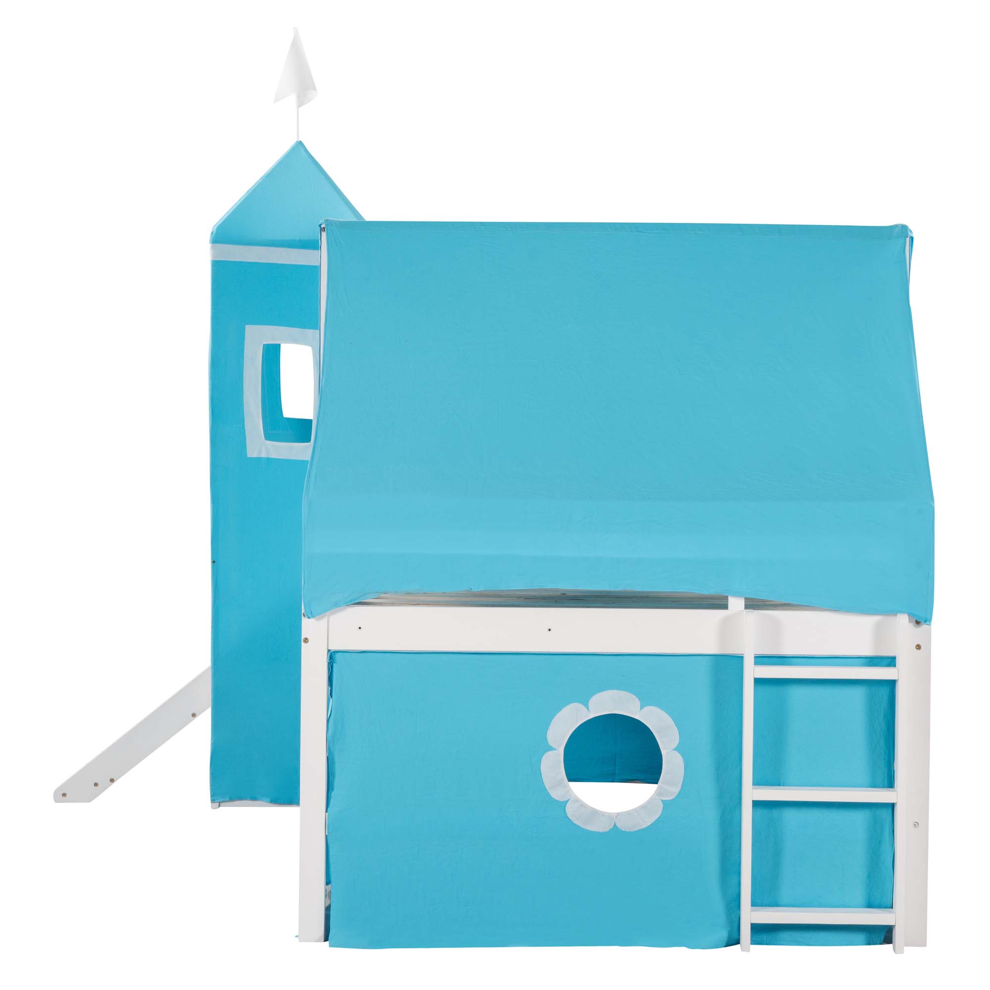 Aukfa Loft Bed with Slide - Full Size Low Castle Bed with Tent and Tower for Kids,Wood - Blue