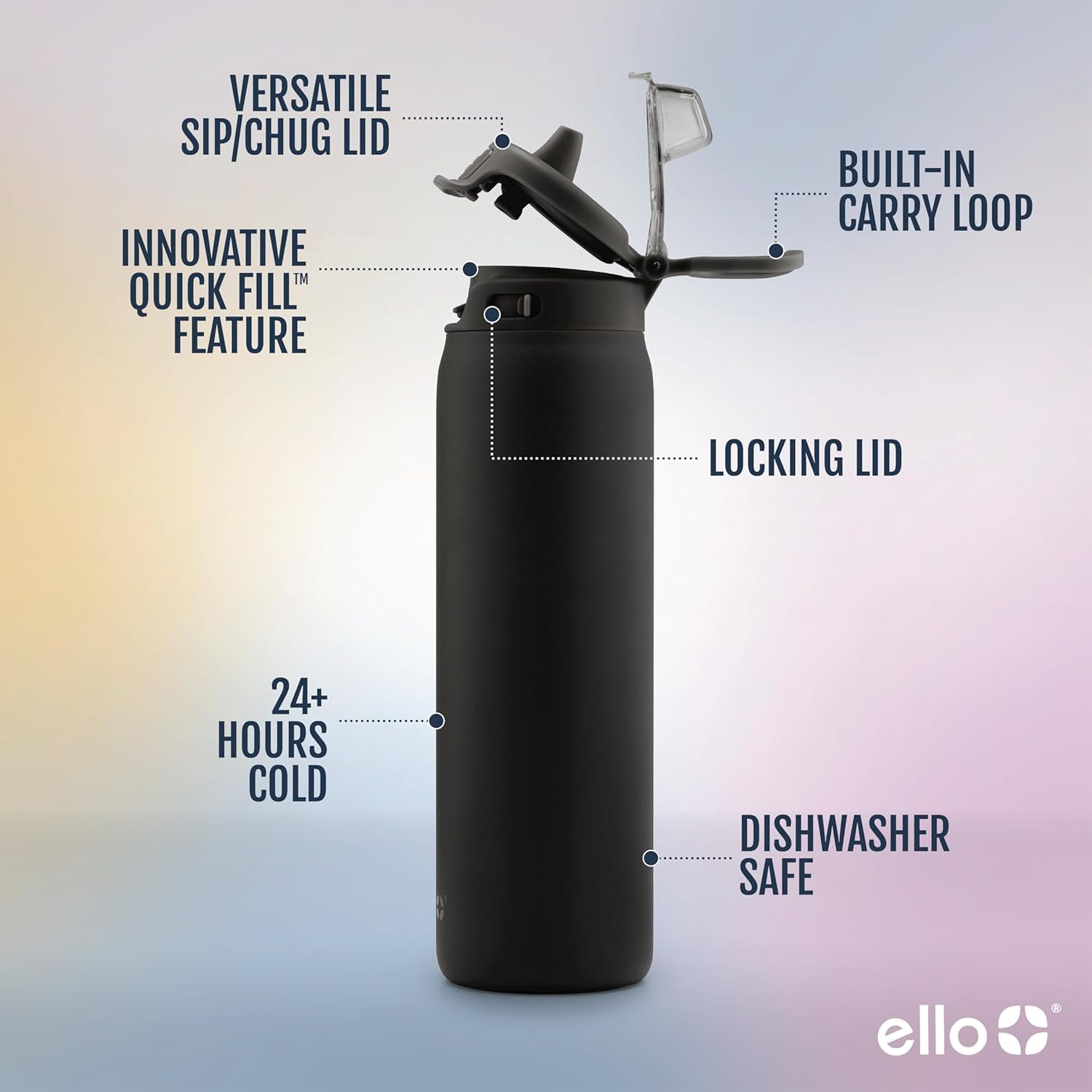 Ello Pop & Fill Stainless Steel Water Bottle with Quick Fill Technology, Double Walled Vacuum Insulated Metal, Leak Proof Locking Lid, Sip & Chug, BPA Free, Holiday Gift, 22oz, Black
