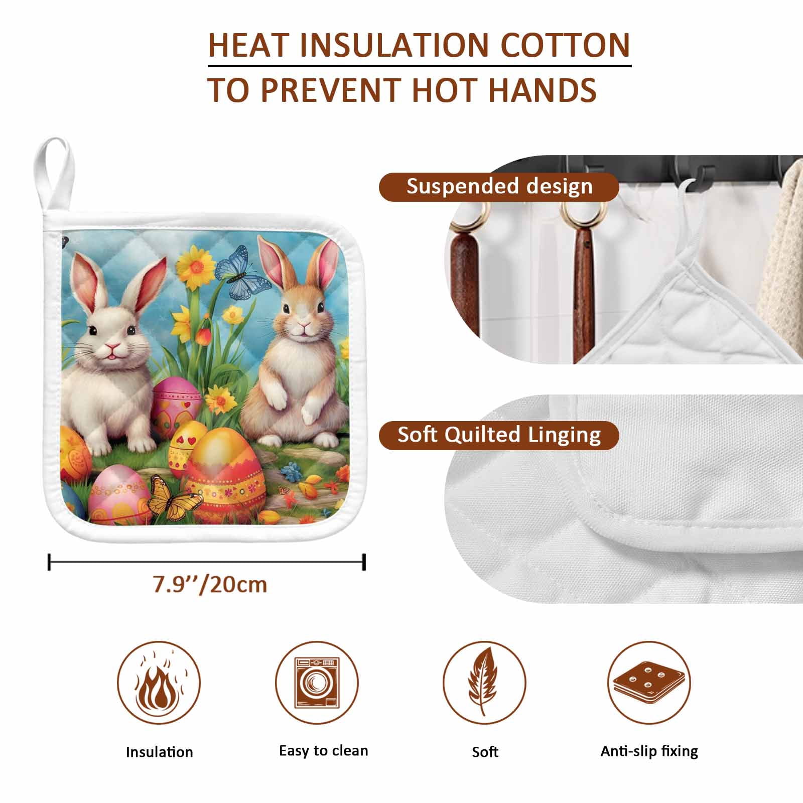 Easter Rabbits, Pot Holders for Kitchen Heatproof Potholder, 3 Pack Easter Bunny Egg Watercolor Floral Hot Pads Multipurpose Oven Pads Cloth Potholders Trivet for Cooking Baking