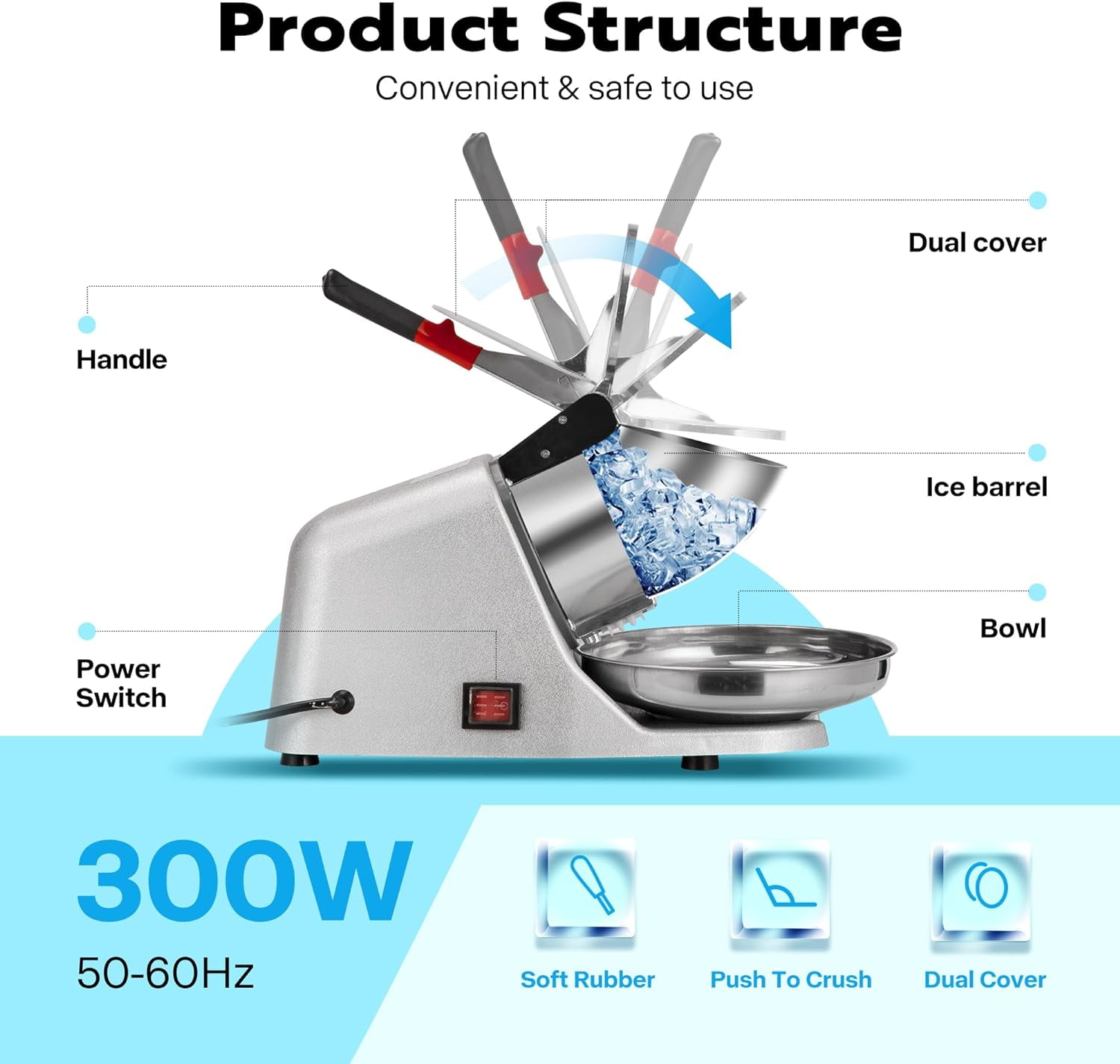 SPECSTAR Electric Dual Blades Ice Crusher Shaver Snow Cone Maker Machine Silver 173lbs/hr with Ice Pick for Home and Commercial Use