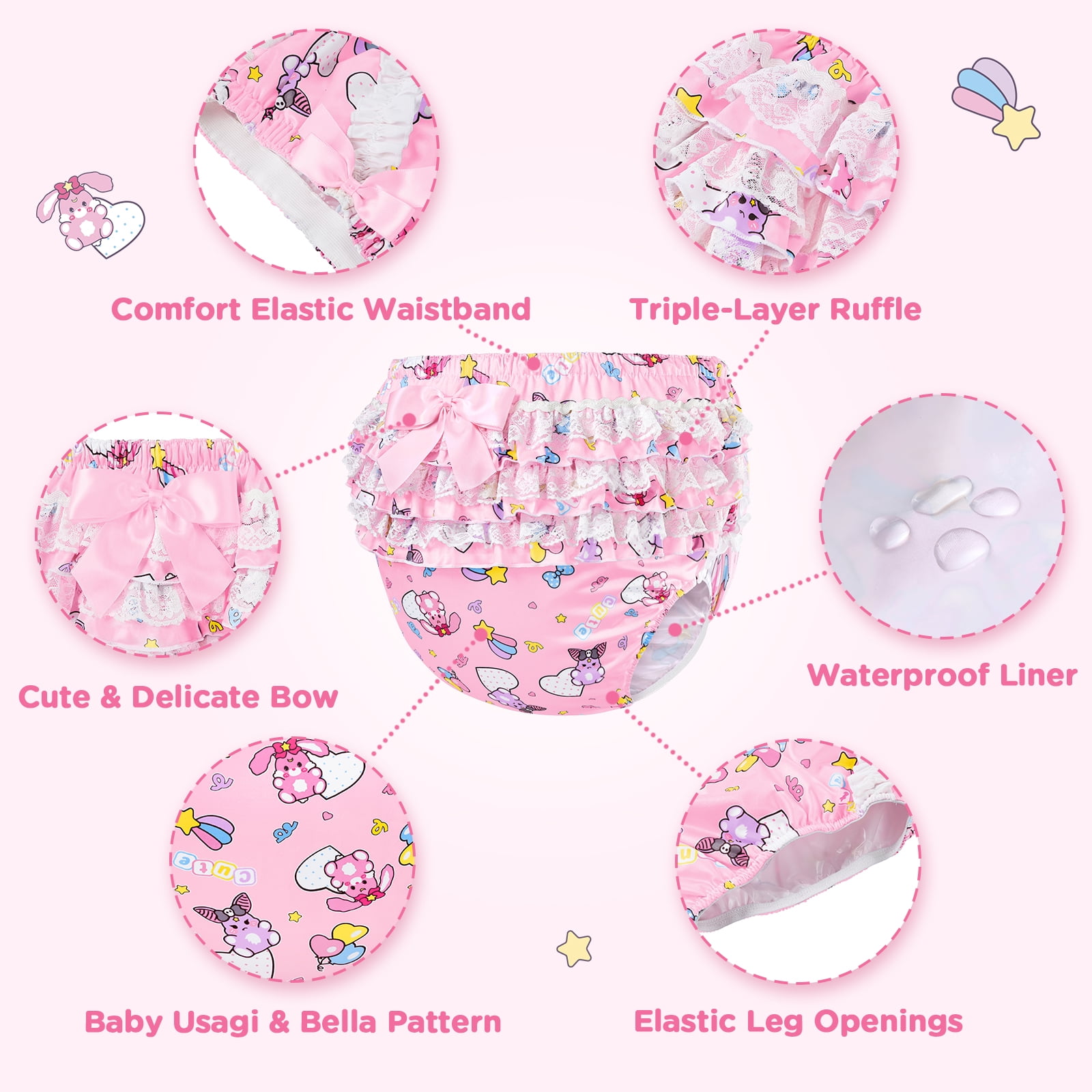 LittleForBig Silky Washable Reusable Waterproof Ruffled Lace Bow Baby Usagi & Bella Pattern Ruffle Adult Diaper Cover S