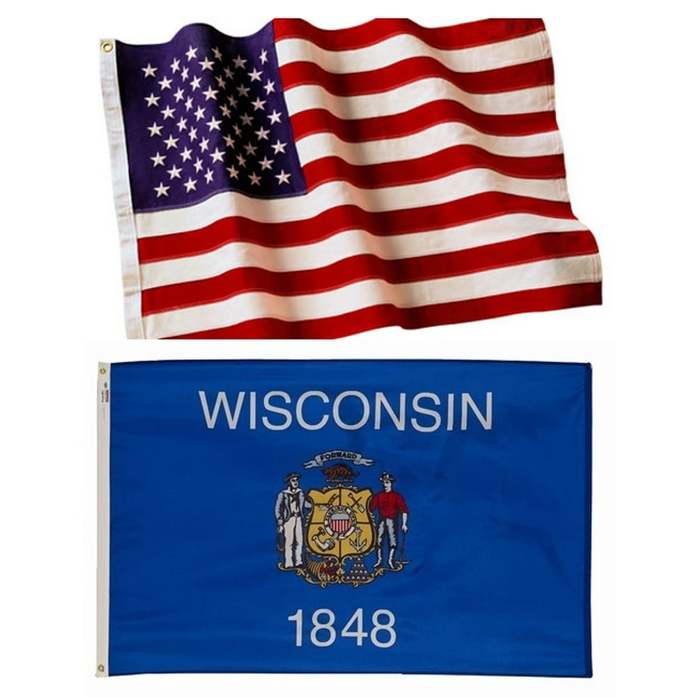 6x10 Embroidered American Flag & 6x10 Wisconsin State Flag Both Made In The USA