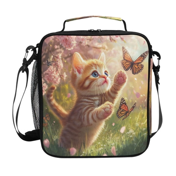 Cute Cat Playing with Butterflies Insulated Lunch Bag Reusable Lunch Box Lunch Container with Straps
