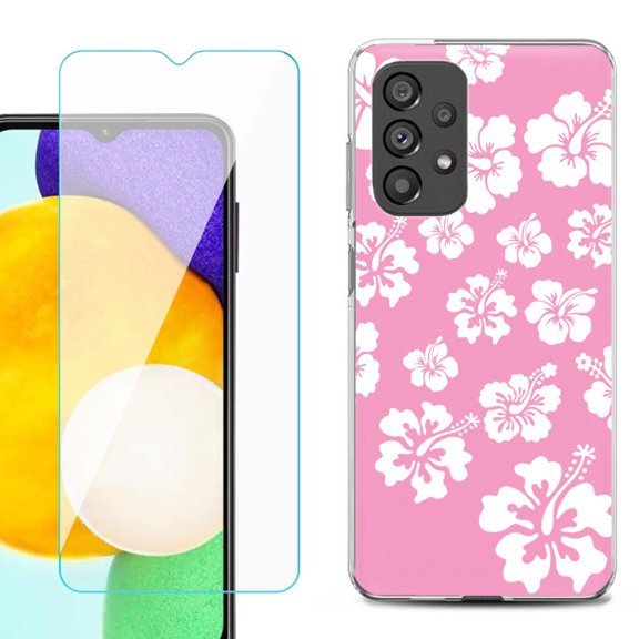 Slim-Fit Gel TPU Phone Case for Samsung Galaxy A23 5G, with Tempered Glass Screen Protector, by OneToughShield ® - Hibiscus Pink