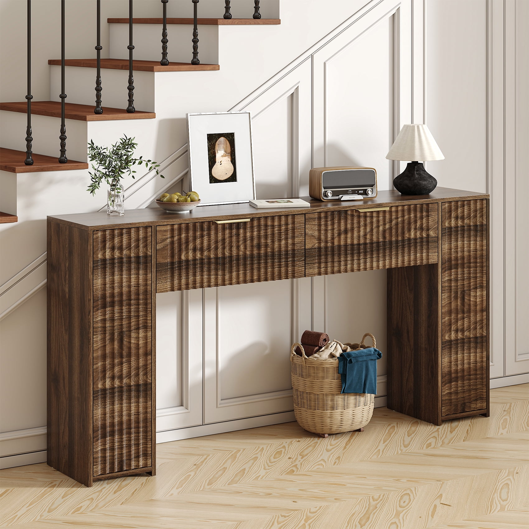Winkalon 63" Fluted Console Table for Entryway, Modern Entryway Table with 2 Large Drawers, Long Sofa Table Behind Couch for Living Room, Hallway, Couch, Foyer,Brown