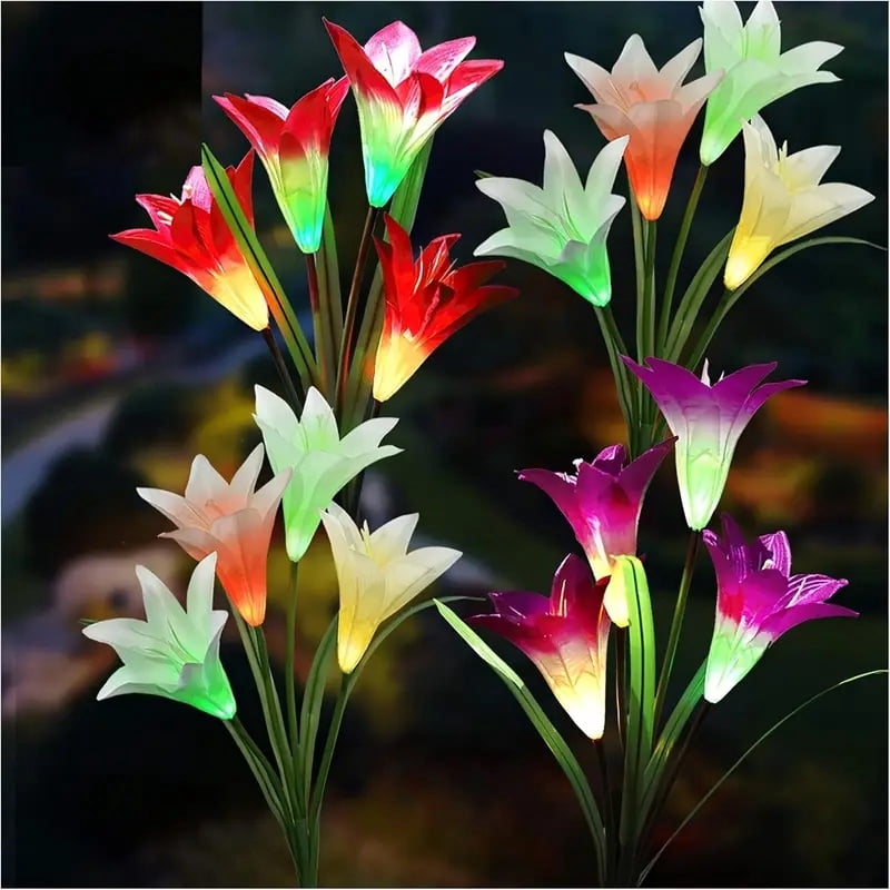 4 Pack Solar Lights With 16 Bigger Artificial Lily Flowers, Multi-Color Changing Lights, Solar Garden Decor Lights For Patio Yard Lawn Pathway