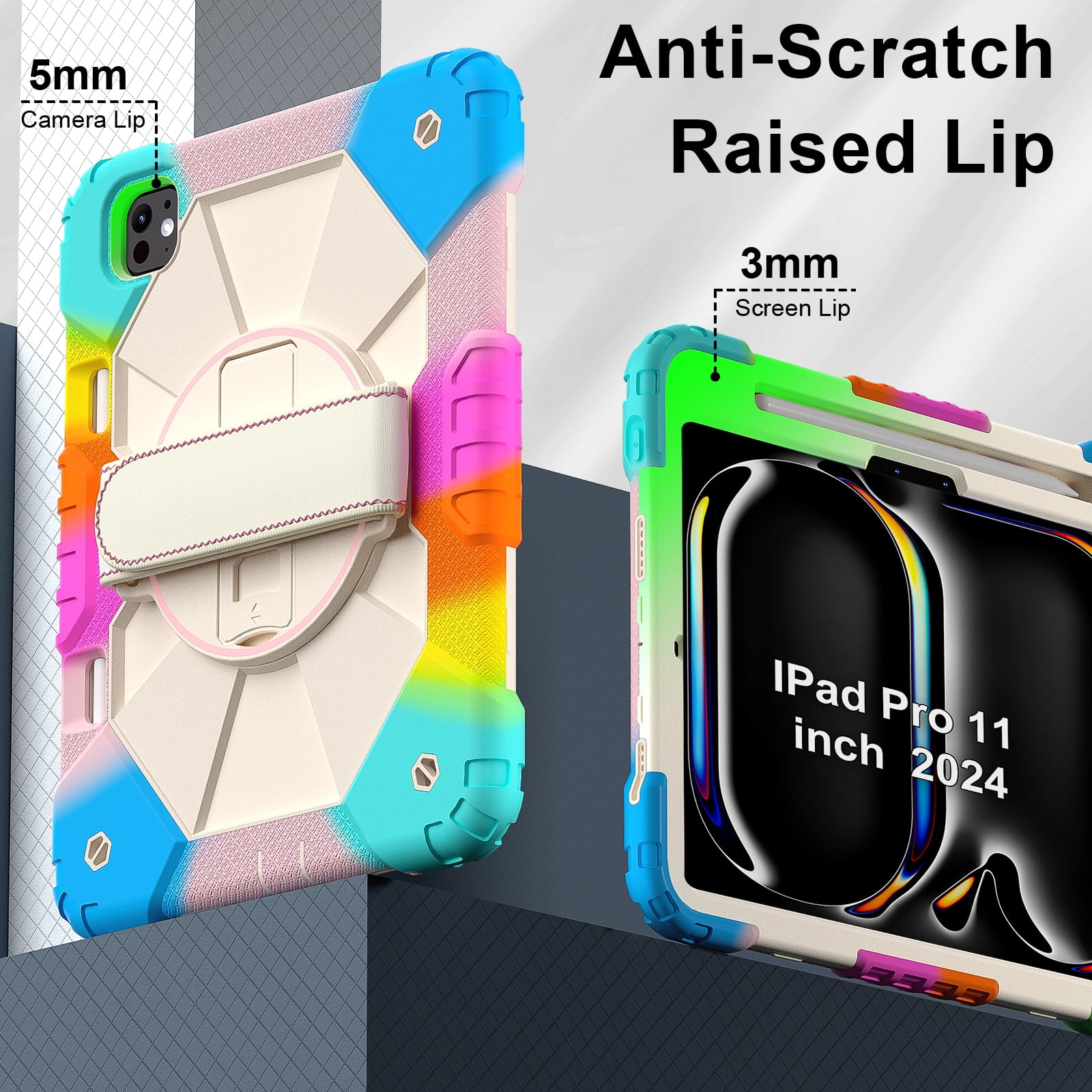 Allytechgroup iPad Pro 11 2024 Case Cover with Pencil Holder, Rugged Protection with Kickstand & Hand Strap Heavy Duty Shockproof Kids Friendly Case for Apple iPad Pro 11 M4 2024, Colorful Blue