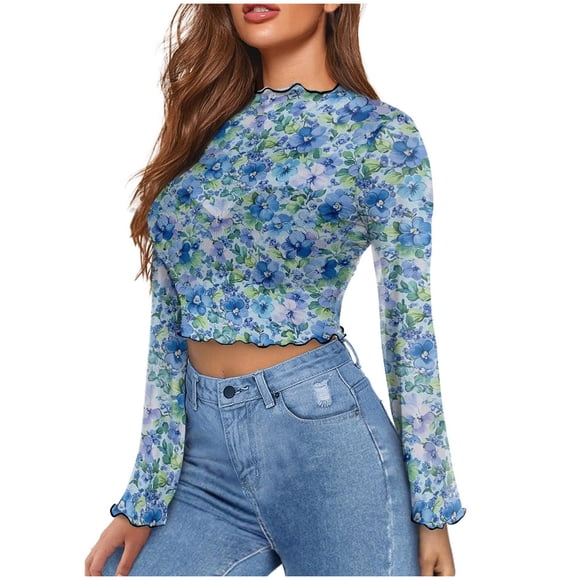 Atogsazn Women's Casual Floral Long Sleeve Tops Goth Mesh Mock Neck Bell Sleeve Crop Tops for Womens Clothes Outfit Blue L Fashion