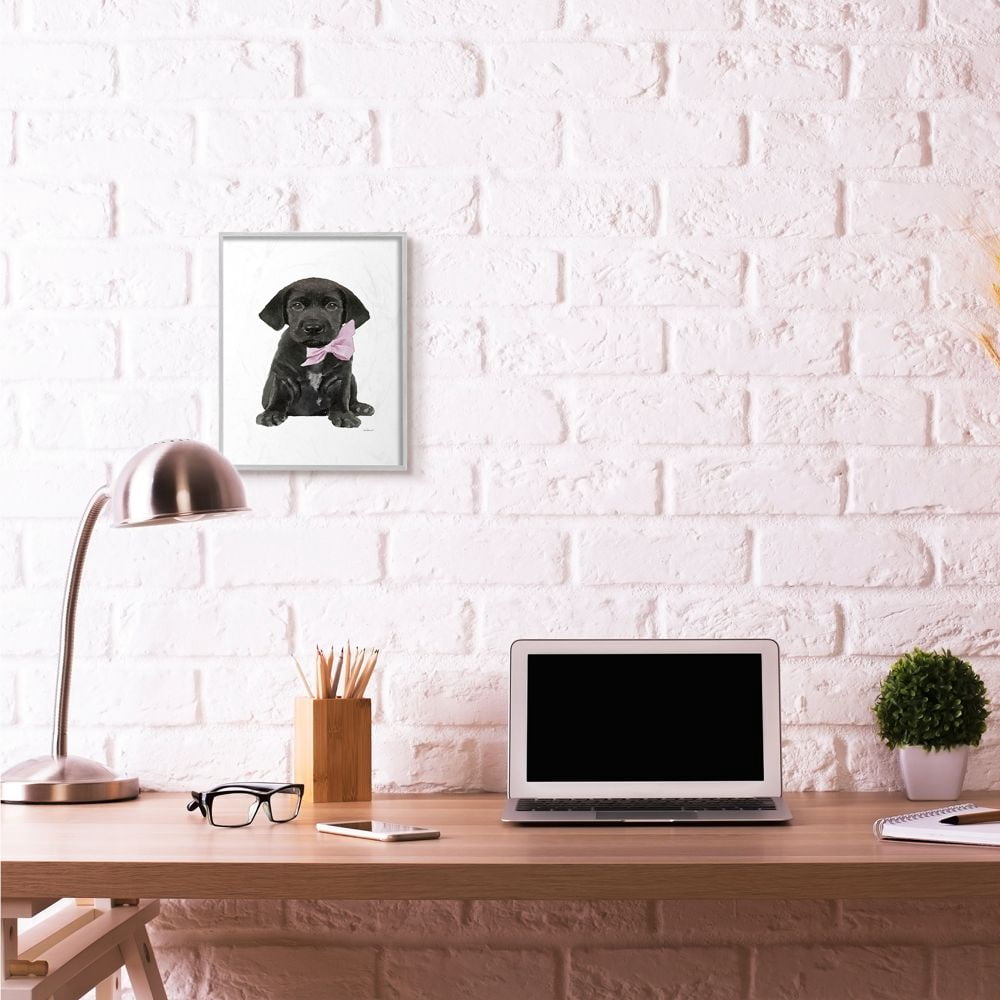 Stupell Industries Black Puppy Pink Bow Cute Pet Dog Watercolor Framed Wall Art by Amanda Greenwood