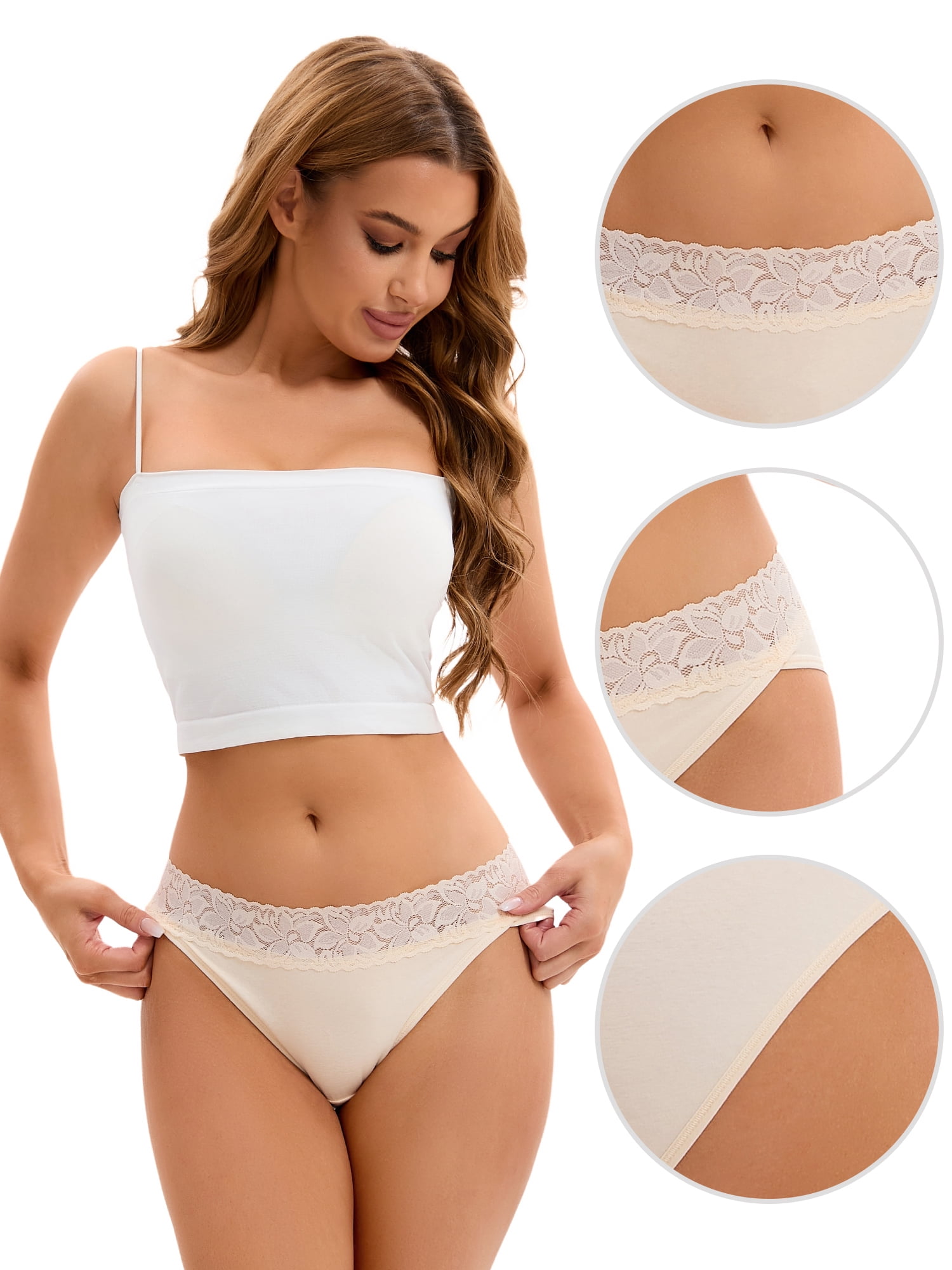 DARING DIVA Women's Full Coverage Hipsters Panties Hi-Cut Lace Trim Briefs Beige S