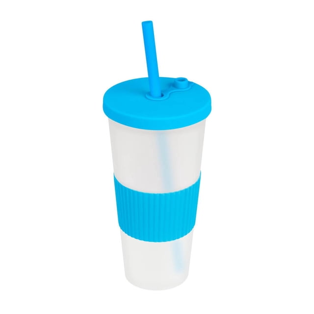 Vaso plástico de doble pared con acabado frosty, manga de silicón azul 10 x 20.5