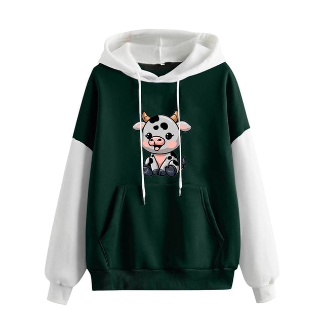 EQWLJWE Cow Print Sweatshirt for Women Fall Warm Sweatshirt Cute Cow Print Drawstring Drop Shoulder Hoodie Loose and Pockets Halloween Sweaters Halloween Clearance Costumes