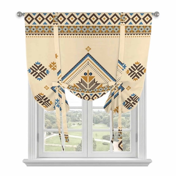 Beige Khaki Boho Balloon Curtains for Living Room/French Door, Vintage Ethnic Tribe Abstract Art Retro Tie Up Curtains 63 Inch Length Energy Saving Kitchen Curtains Shades for Windows 42"x63"