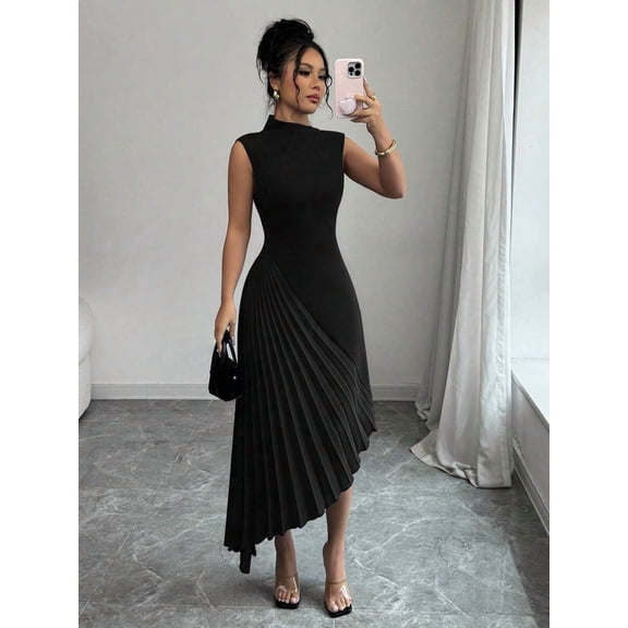 Women's Sleeveless High Neck Midi Dress Cinched Waist Asymmetrical Ruched Hem