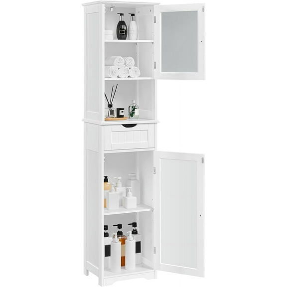 Tall Bathroom Storage Cabinet 67″, Wooden Floor Cabinet with Glass Door, Freestanding StorageOrganizer with Adjustable Shelves, 1 Drawer and Open Storage for Bathroom, Kitchen, Living Room