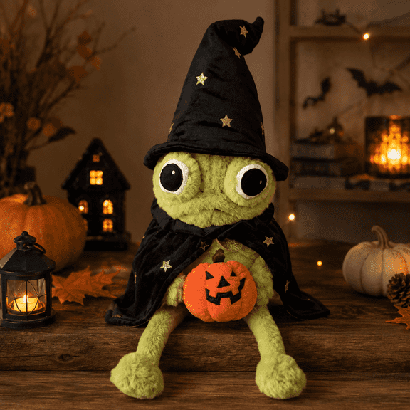 Moonlight Manor Halloween Wizard Plush, Green Witch Plush with Black Star Hat Cape and Pumpkin Bag, Spooky Cute Collectible Plush Decor for Halloween Shelf Desk Room Display