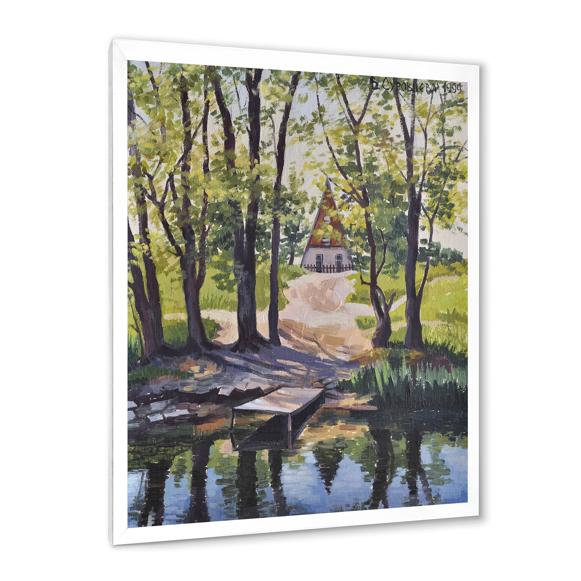 Designart 'Mysterious Countryside House By The River In The Woods' Lake House Framed Art Print