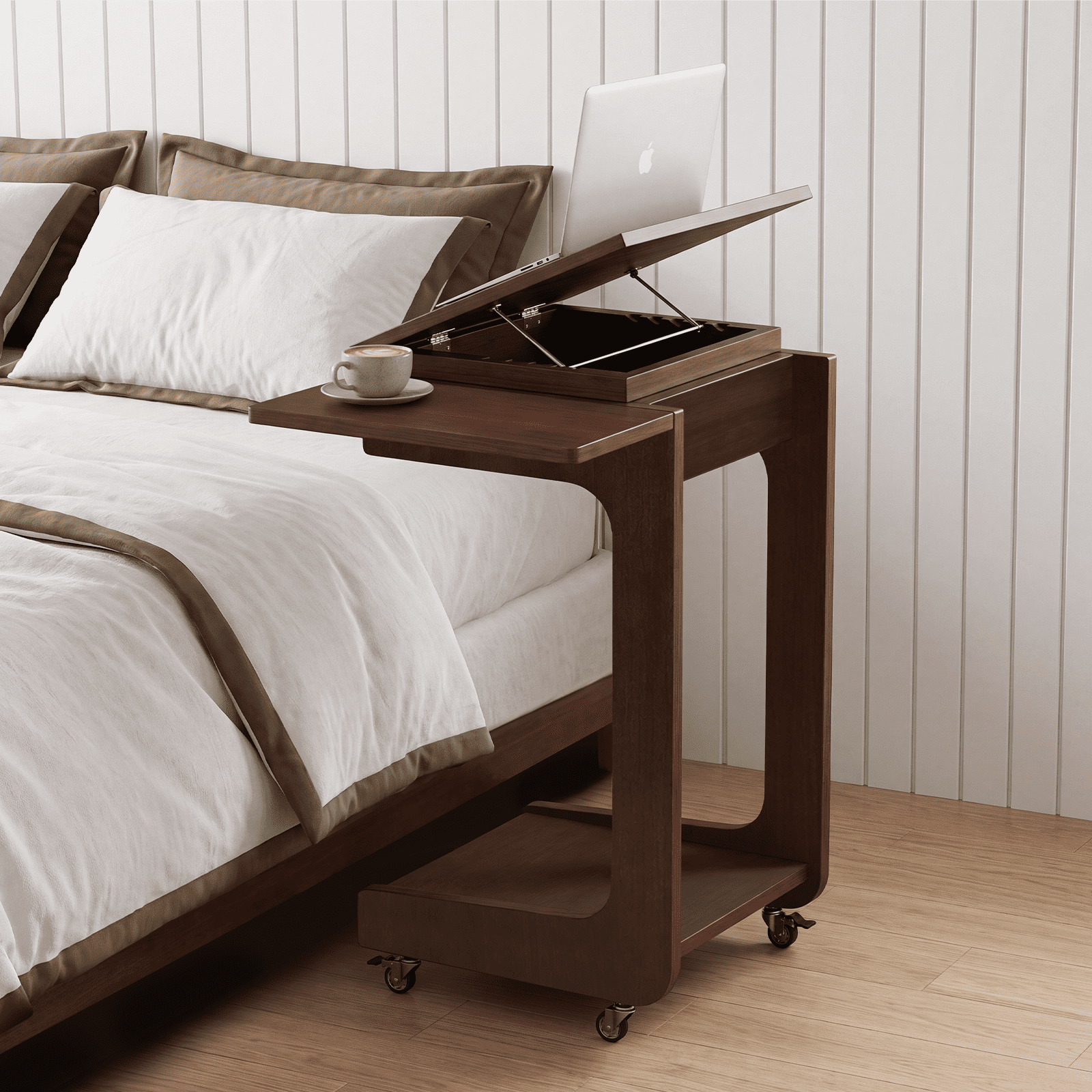 Leumius C Shaped End Table,Wood Rolling Side Table with 360° Adjustable & Foldable Desktop, Couch Table for Living Room, Bedroom, Office, Walnut