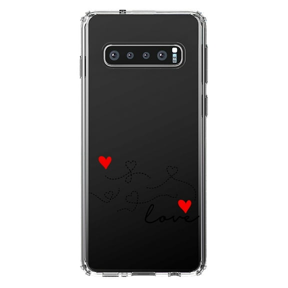DistinctInk Clear Shockproof Hybrid Case for Samsung Galaxy S10  PLUS (6.4" Screen) - TPU Bumper Acrylic Back Tempered Glass Screen Protector - Love Heart Flourish Black & Red