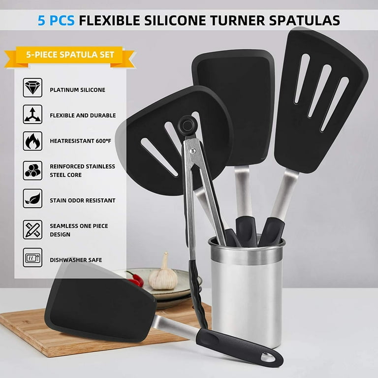 4-Piece Silicone Turner Spatula Set - 600F Heat-Resistant Flexible Rubber Silicone Spatulas - Silicone Cooking Utensil Set - Egg Turners, Pancake