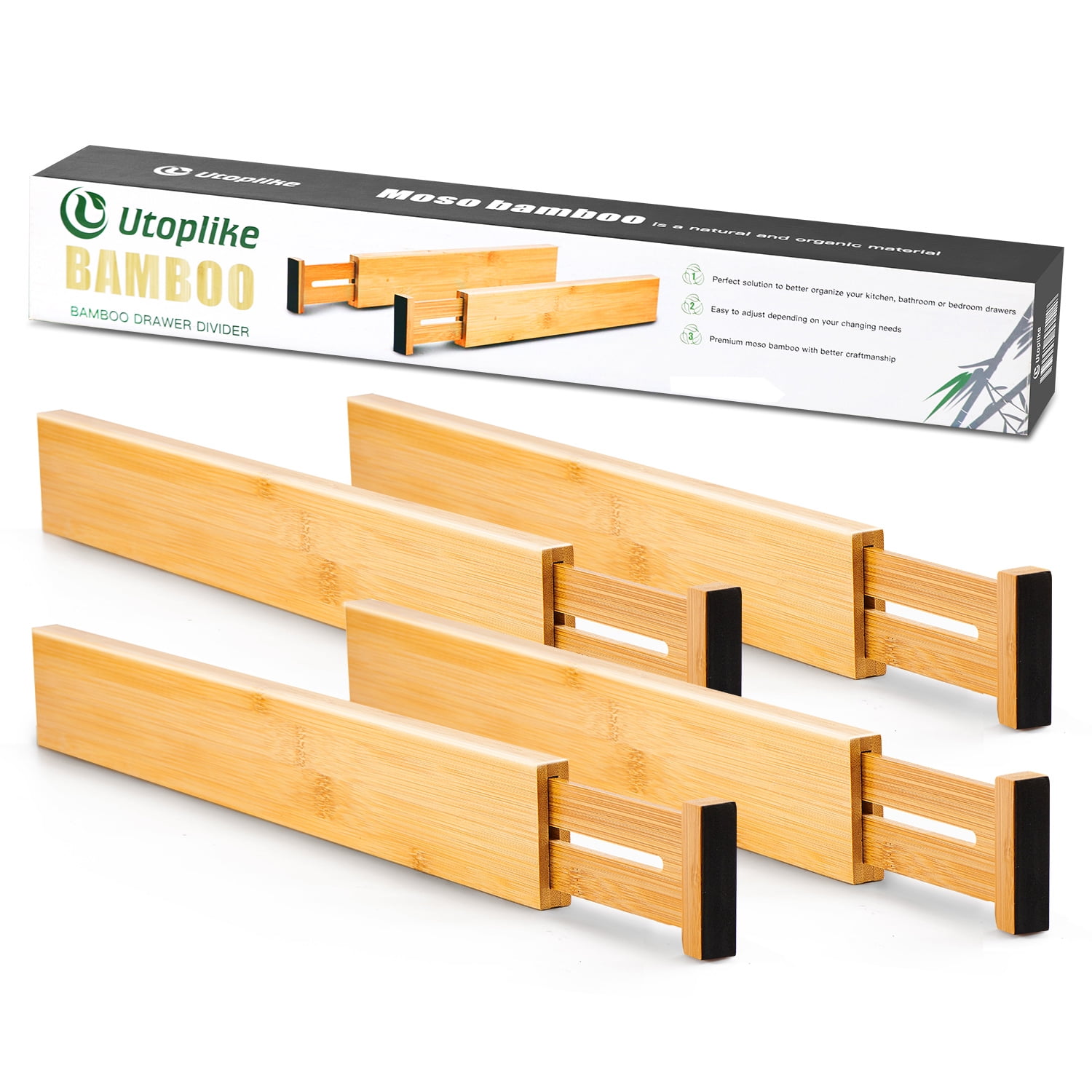 Utoplike 4 Pack Bamboo Kitchen Drawer Dividers,Adjustable Drawer