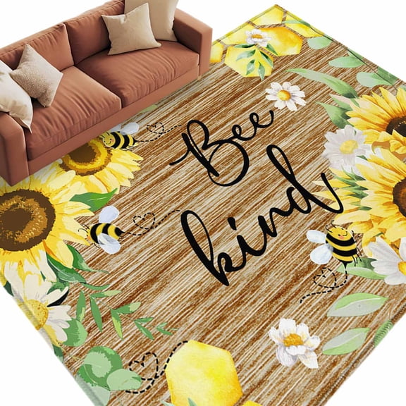 5x8 Area Rugs for Living Room, Sunflower Floral Non Slip Area Rugs for Kitchen Bedroom Entryway, Farmhouse Pastoral Daisy Bees Brown Wood Washable Carpet Runner Rug Floor Mats for Bedroom Home Decor