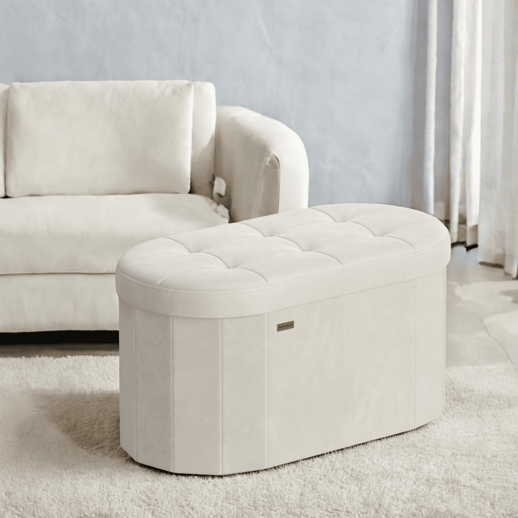 LEDREM 30" Foldable Storage Ottoman Bench, Velvet Fabric Ottoman with 2 Internal Dividers, Footrest for Bedroom Living Room, Cream White