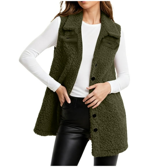 larppty Long Fleece Vest Women Sleeveless Sherpa Jacket Winter Cloting for Women Warm Button Down Coat Outerwear (AG, L)