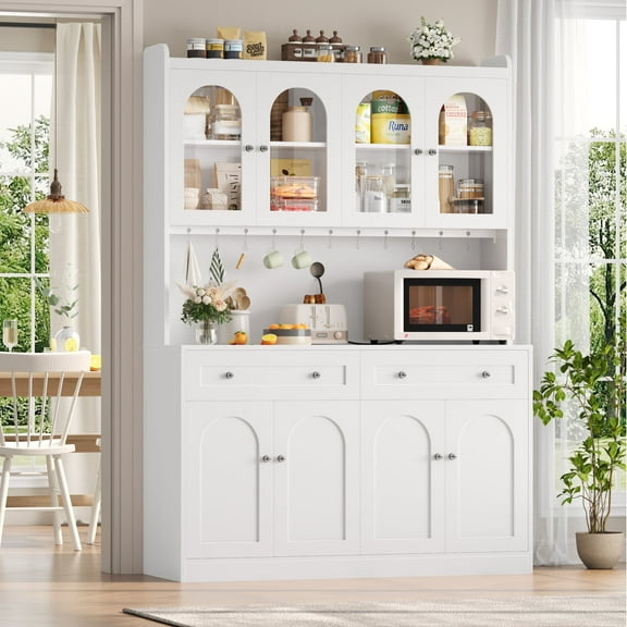 Homfa 73" Kitchen Pantry with Glass Doors, Freestanding Kitchen Cupboard with 2 Drawers & Microwave Hutch, Wood Storage Cabinet for Dining Living Room, White