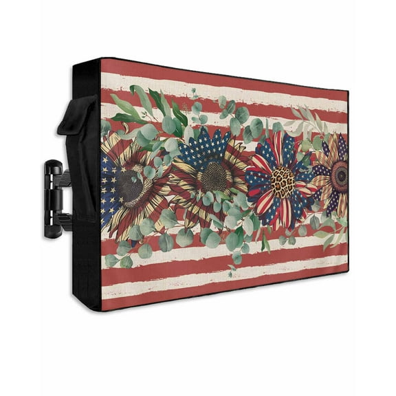 4th of July Outdoor TV Cover 70 to 75 Inch Waterproof, Red Striped Independence Day Star Botanical Rustic 600D Oxford TV Covers with Zipper, Outside Flat TV Screen Protector 68"Wx42"Hx4.5"D
