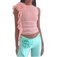 thumbnail image 2 of Women's Fashion Round Neck 3D Flower Perspective Mesh T-shirt Tops, 2 of 8