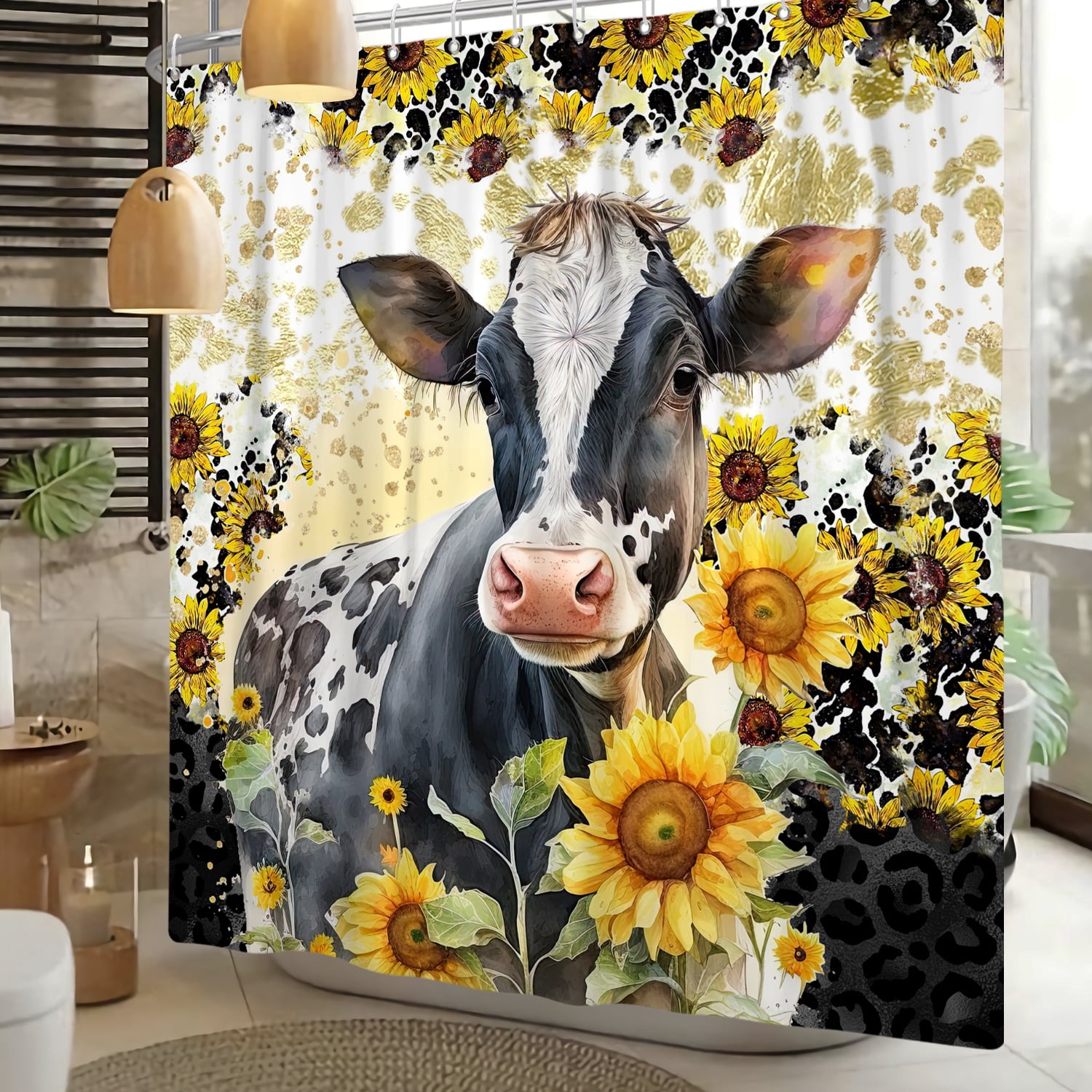 Mizhona Farm Shower Curtain for Bathroom Cow with Sunflowers Shower Curtains Waterproof Polyester Country Decor 72"x78"