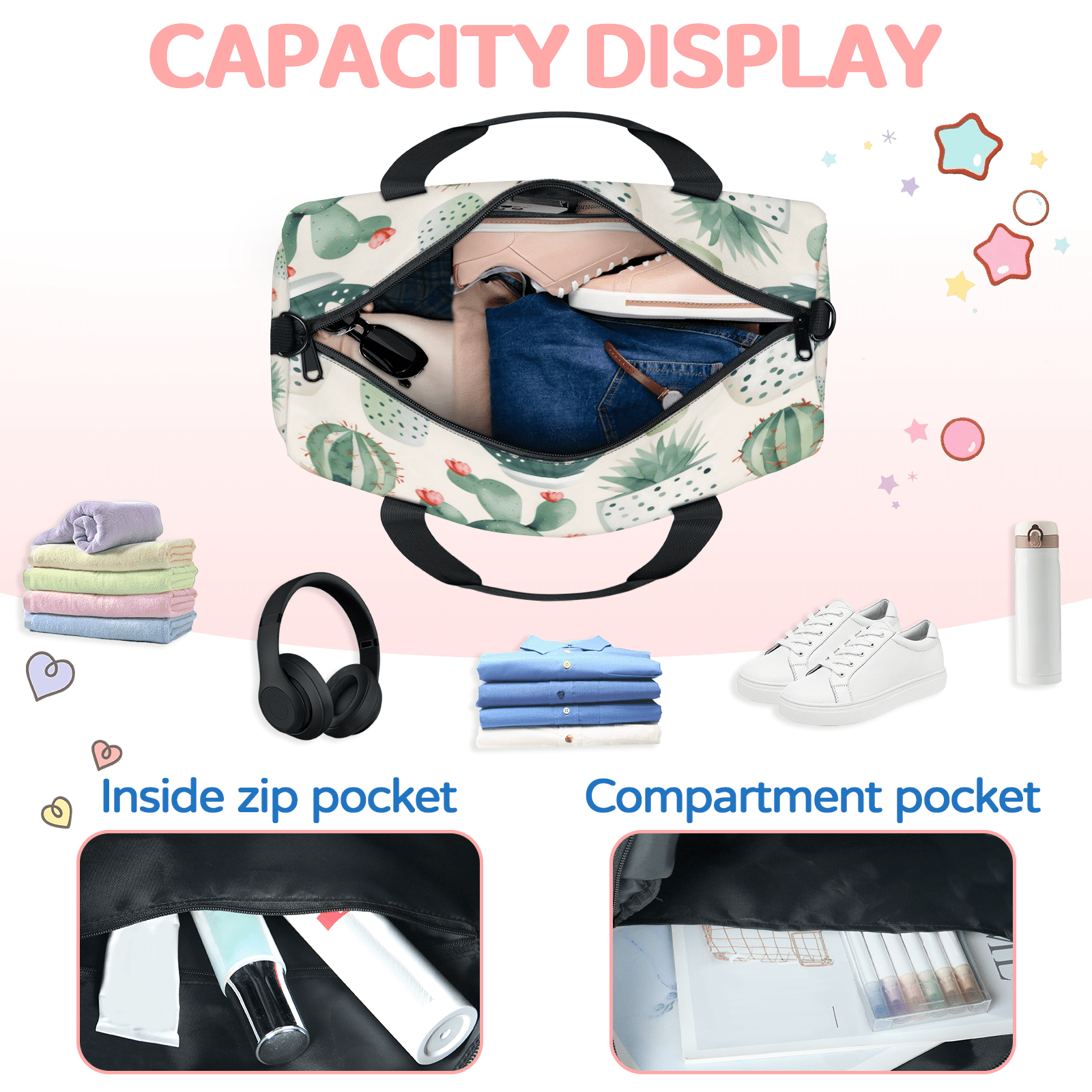 Herdesigns Cactus Travel Duffle Bag Sports Yoga Weekender Overnight Carry on Workout Bags Lightweight Waterproof Gym Tote Bag for Women