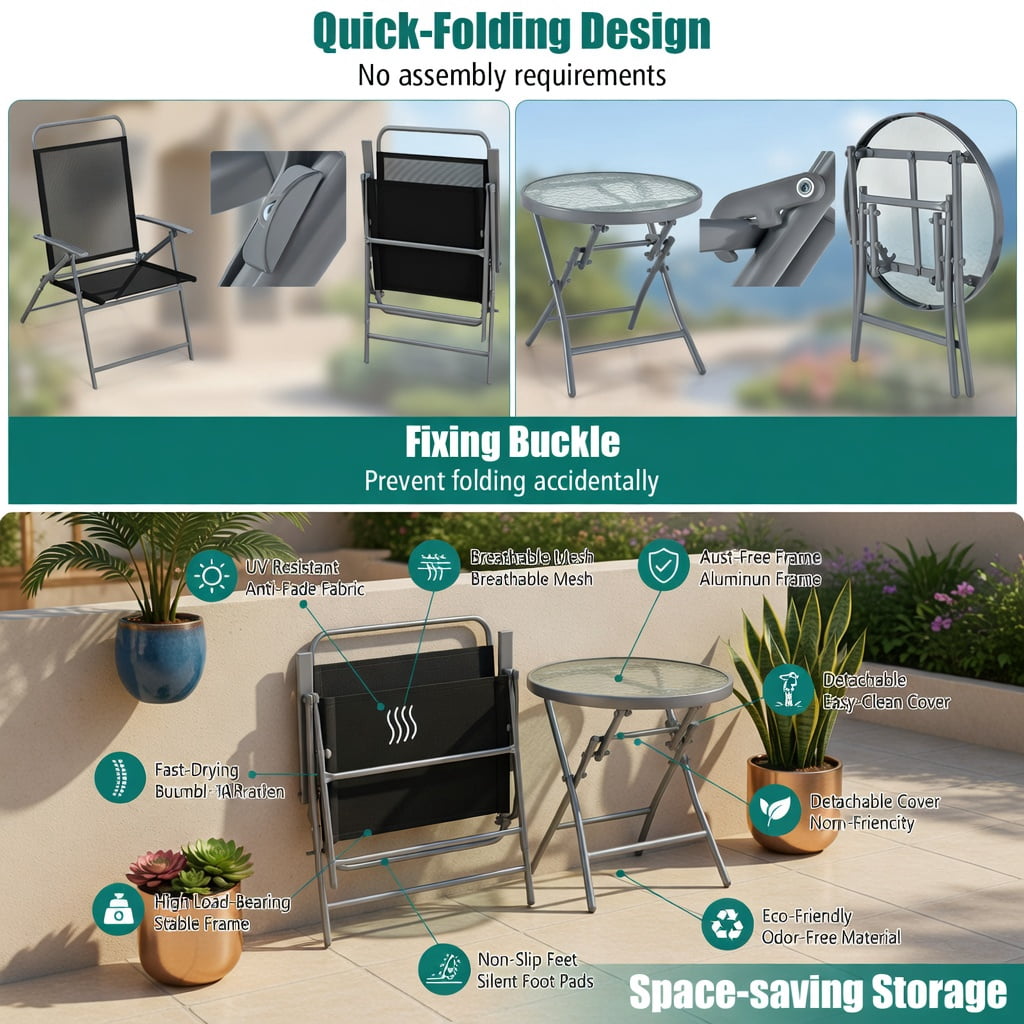 Hommoo 3-Piece Folding Outdoor Patio Chair Set with Tempered Glass Coffee Table, Metal Conversation Set for Backyard, Poolside & Balcony, Black