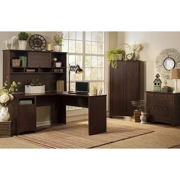 Bush Furniture Buena Vista L-Desk avec Clapier, Rangement Haut et Lime Latérale