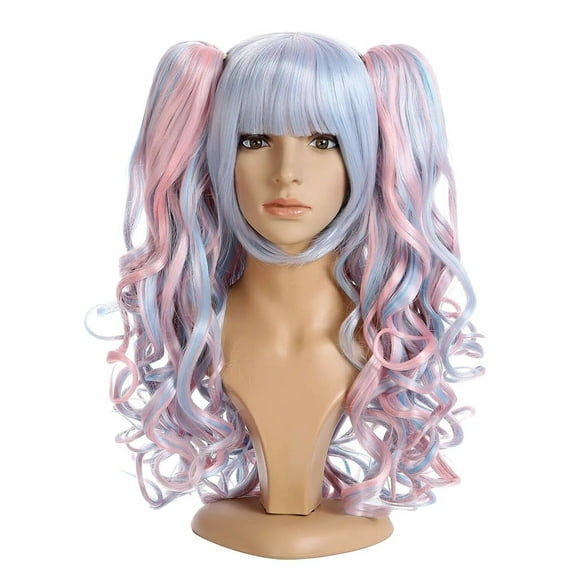 ZUUC Lolita Clip on Two Ponytails Wavy Costume Cosplay Wig (Pink, Sky Blue)
