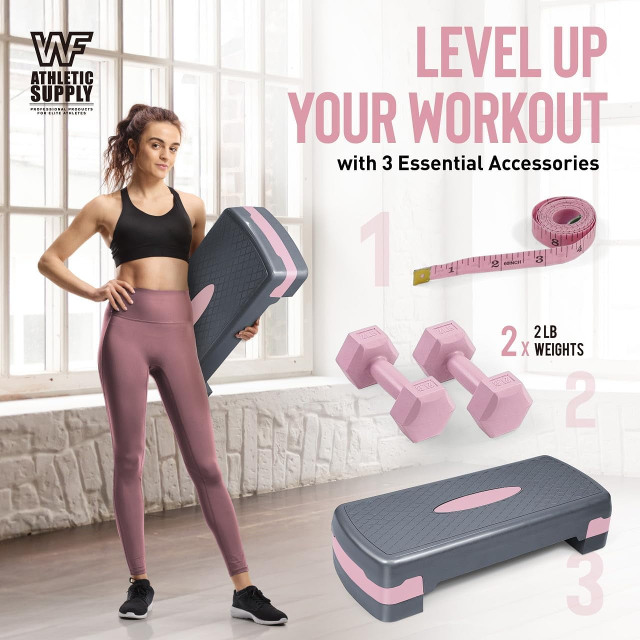 WF Athletic Supply Aerobic Stepper Set with Dumbbells & Measuring Tape, Adjustable Height 2 Level Risers Workout Exercise Step Platform Trainer for Home Gym Exercise Fitness Workout, Pink