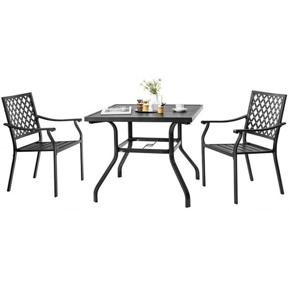 Spaco 3 Pieces Patio Dining Set Stackable Chairs Armrest Table with Umbrella Hole, Stackable Chairs with Heavy-Duty Steel Pipes, Dining Set for Outdoor as Garden, Patio, Black