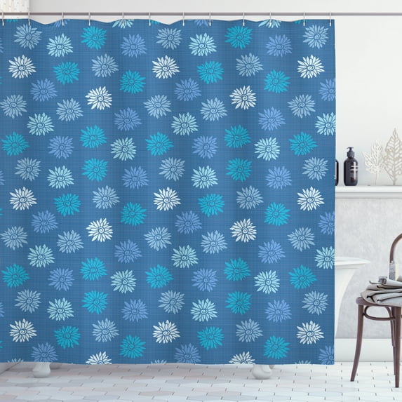 Floral Shower Curtain, Ornamental Repeated Flowers Colored in Baby Blue Pale Azur Blue and Sea Blue, Fabric Bathroom Set with Hooks, 69W X 75L Inches Long, Multicolor, by Ambesonne