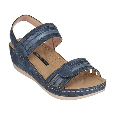 GC Shoes Women s Memory Foam Wedge Sandals  Summer Comfort Heels  Casual Ankle Strap Platform Dress Slides  Samar/Blue/7