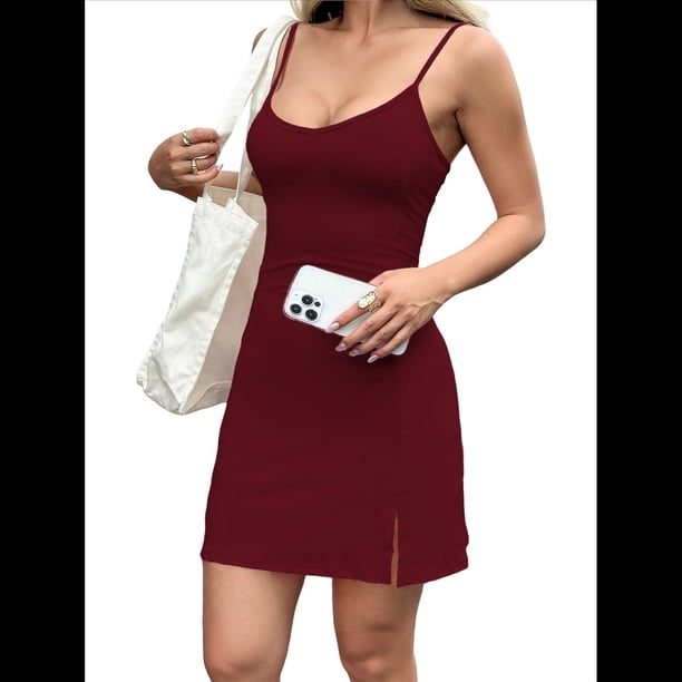 Vestido Mini Básico con Tirantes Finos Ajustables para Mujer Vino Tinto XL