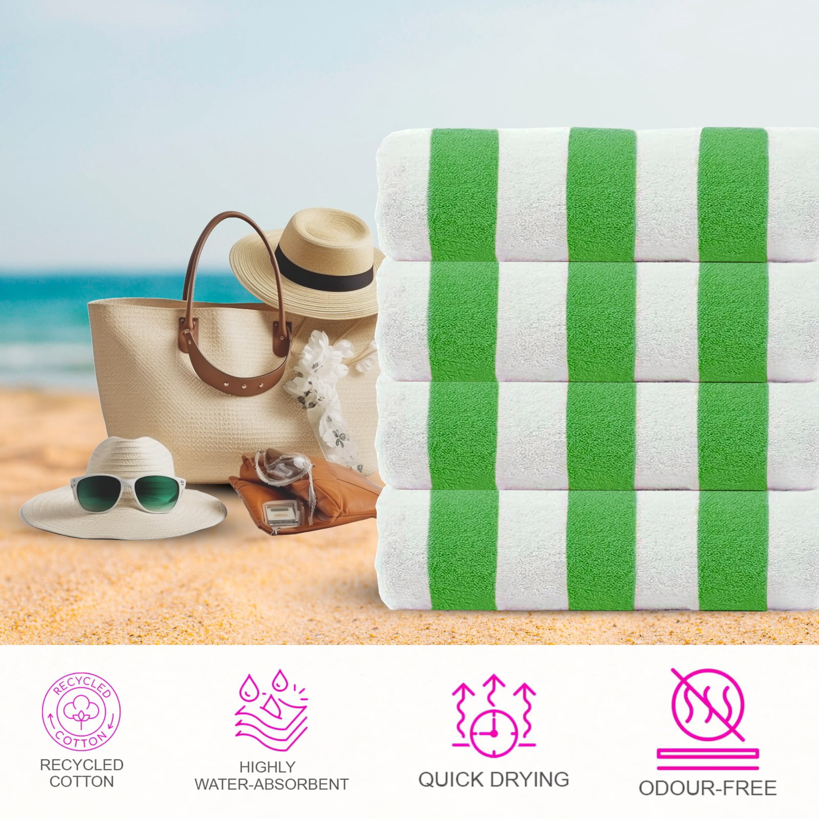 CASA COPENHAGEN Cabana Towel Designed in Denmark Rough and Tough, Quick Dry, Beach, Pool, Bath & Shower 30x60 inches 4 Pieces Cotton Beach Bath Towels Set - Green