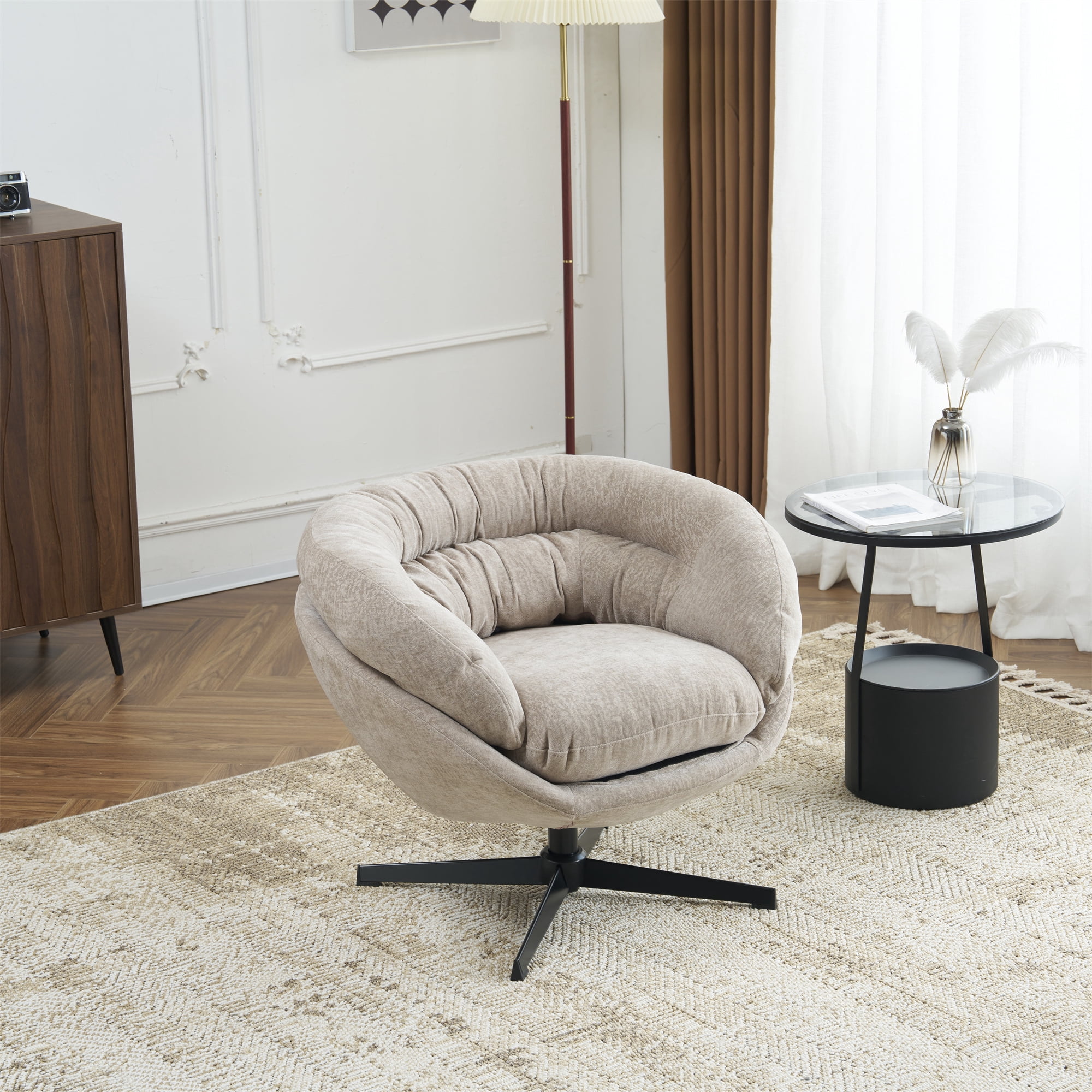 EUROCO 33" Ergonomic Chenille Swivel Chair,Cotton Accent Chair with Soft Thick Removable Cushion and Metal Base,360 Degree Swivel for Living, Bedroom, Reading Room,Brown