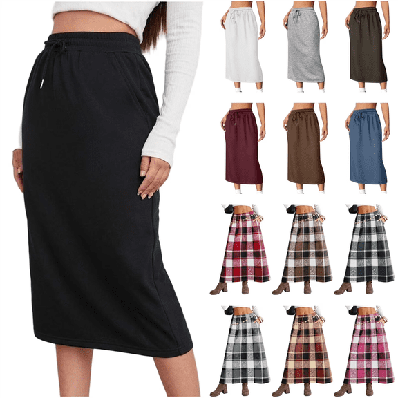 QATAINLAV Athletic Skirts for Women Drawstring Elastic Waist Midi Skirt Cotton Comfy Sweat Long Skirts with Pocket Red XL