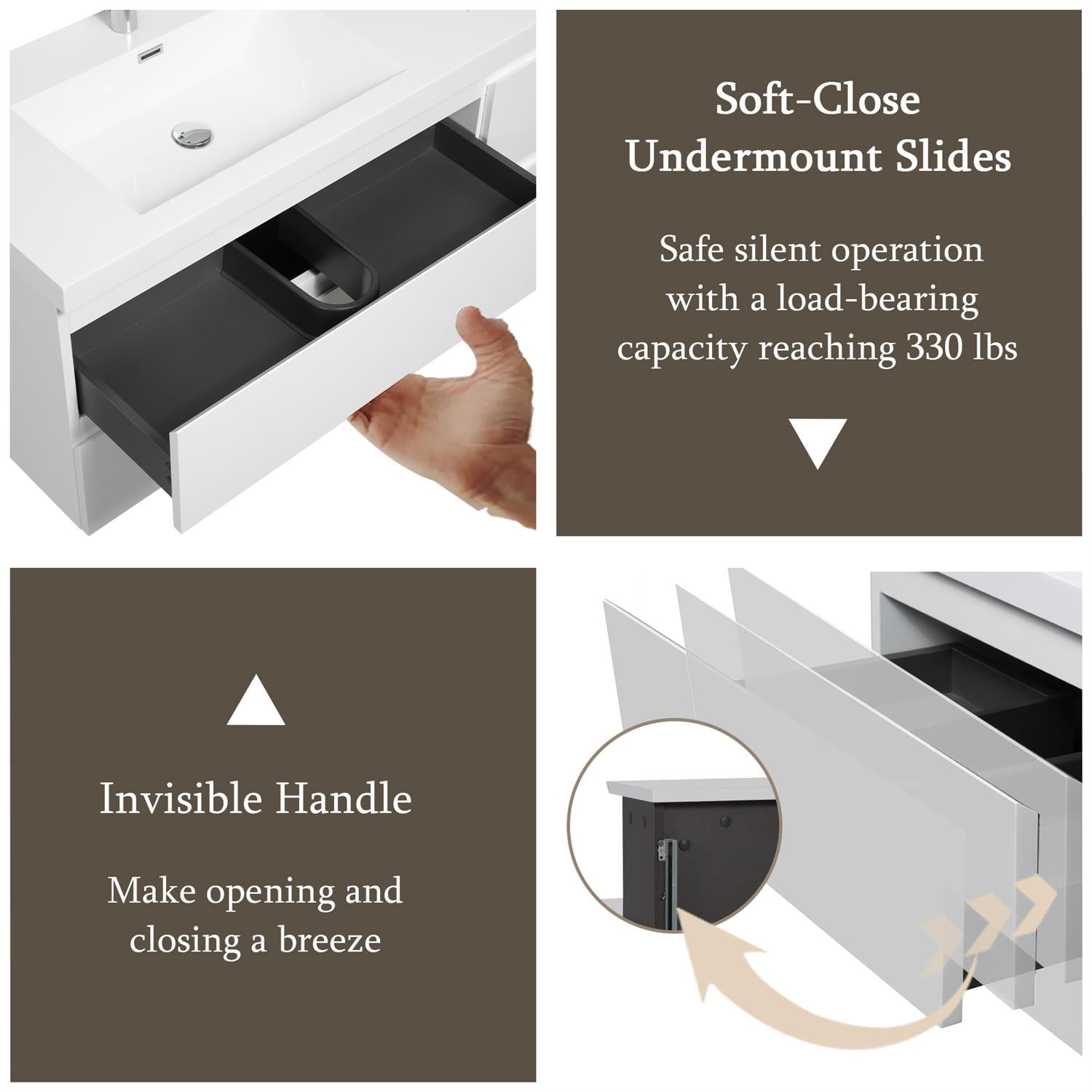 Demi Bonn 72" Floating Bathroom Vanity with Sink, Double Resin Top Basin and 4 Soft Close Drawers, Faucets and Drains Not Included, White