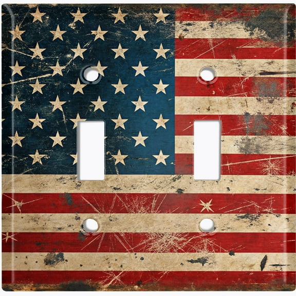Metal Light Switch Wall Plate Outlet Cover (Printed Image of Rustic American Flag - Double Toggle)