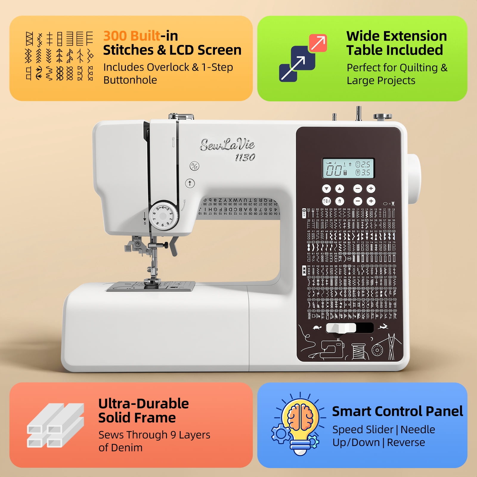 Sewlavie 1130 Computerized Sewing Machine with 300 Built-in Stitches, Wide Extension Table and Heavy Duty Metal Frame, White